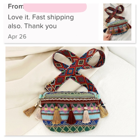 Boho Embroidered Fanny Pack Style Crossbody Bag with Tassels - Picture 10 of 16